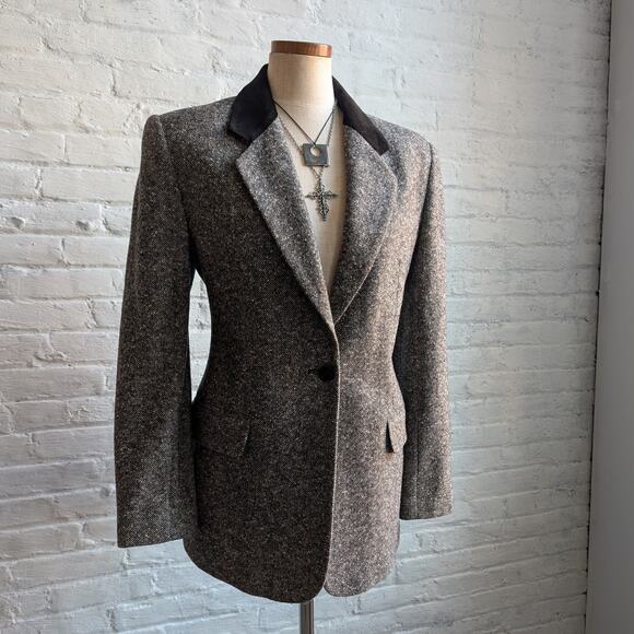 Vintage Gray Wool Blazer Tweed Herringbone Preppy Minimalist Velvet Jacket Large - Picture 8 of 10